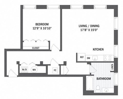 Floor plan for 1 bed, 1 bath, 782 sqft